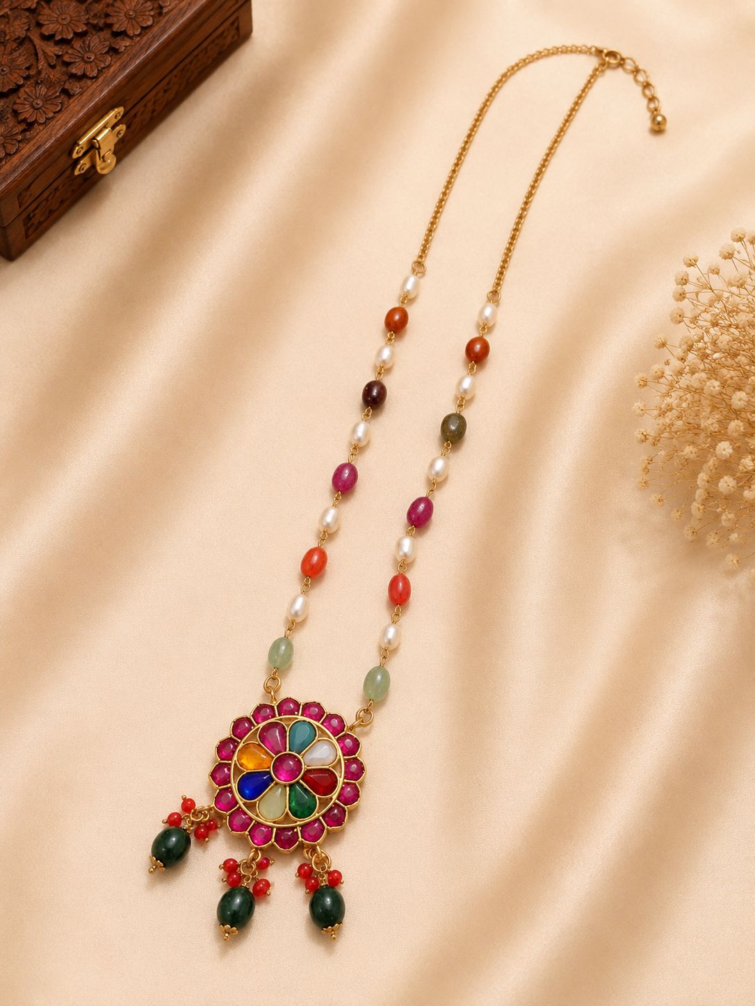 Navaratna Flower Pendant with Beads Chain